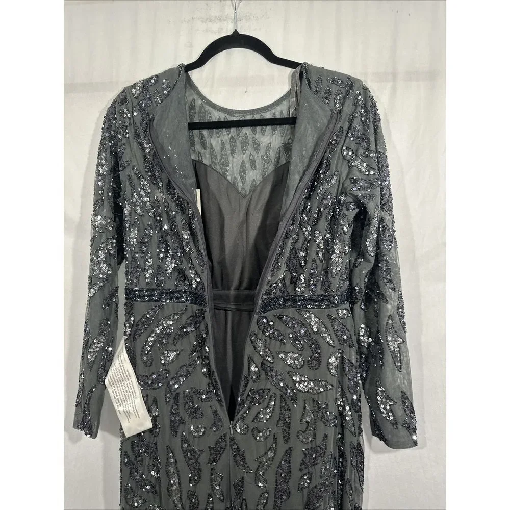 NWT $598 Mac Duggal [‎ 8 ] Beaded Long Sleeve Evening Gown 5124 Charcoal